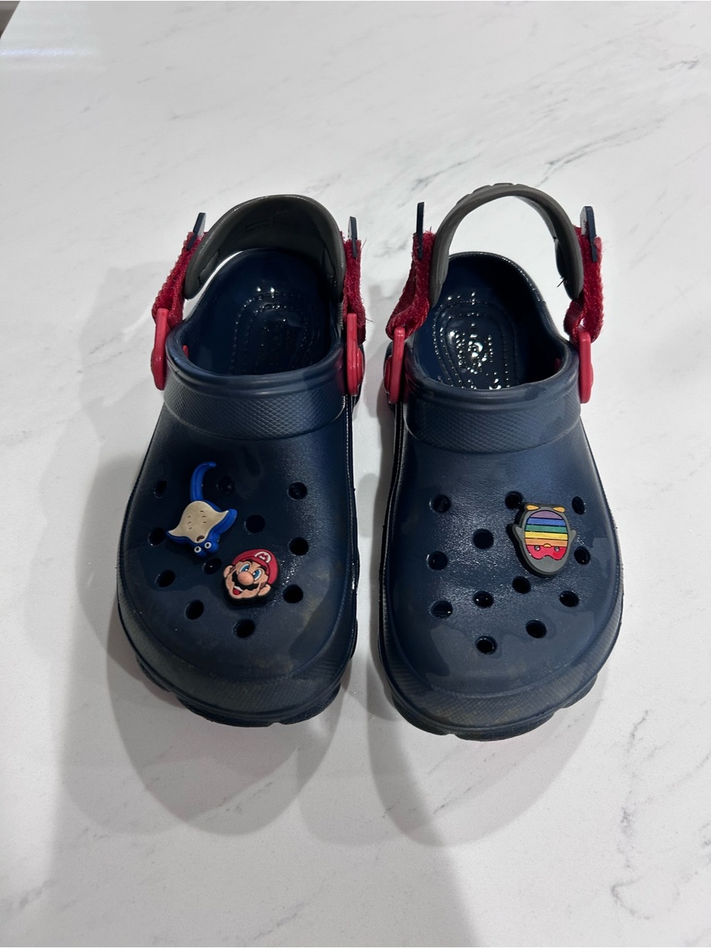 CROCS Kids Navy Blue Clogs with Red Velcro strap